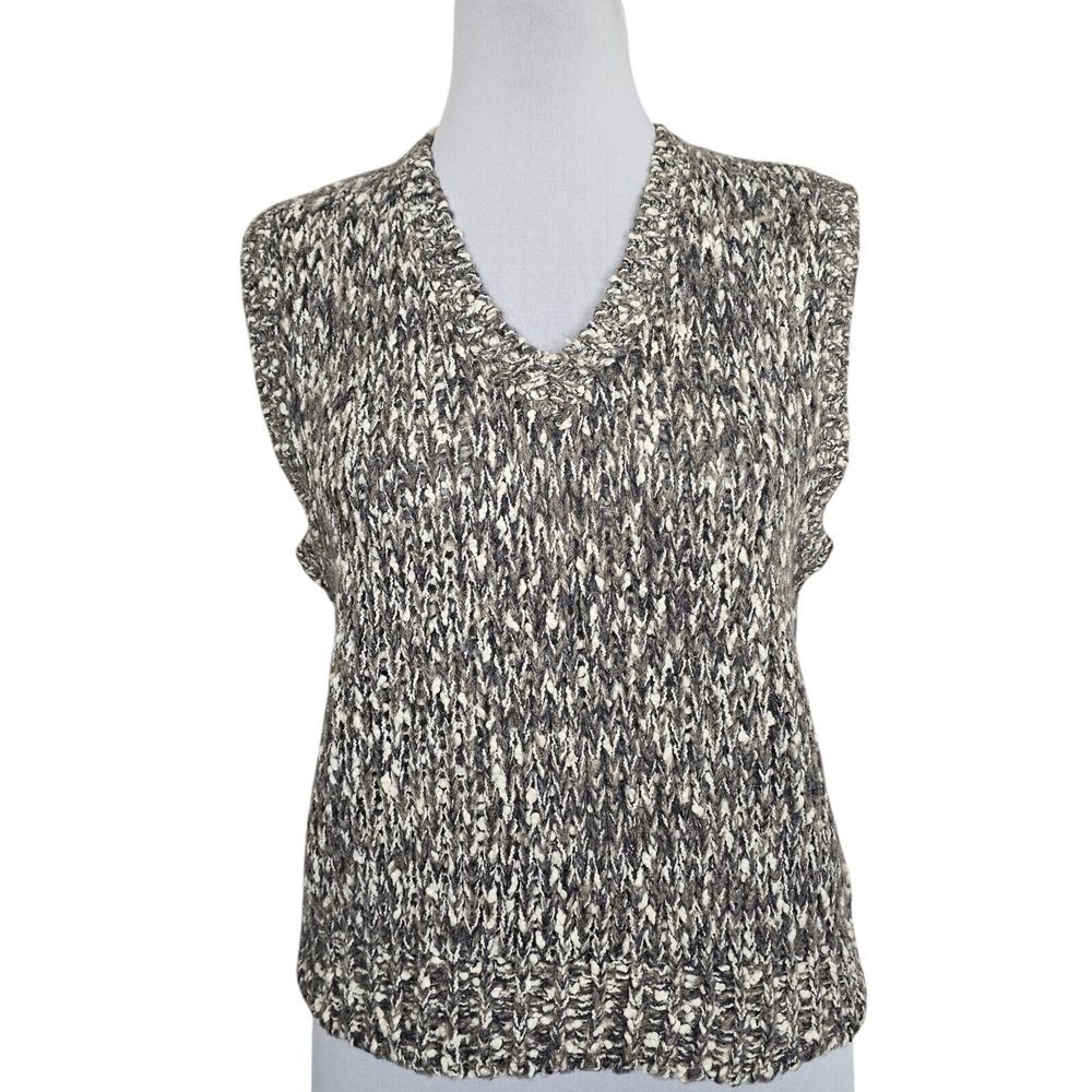 Vintage 80s 90s Russ Womens L Grey White Chunky Knit Sweater Vest Wool Blend